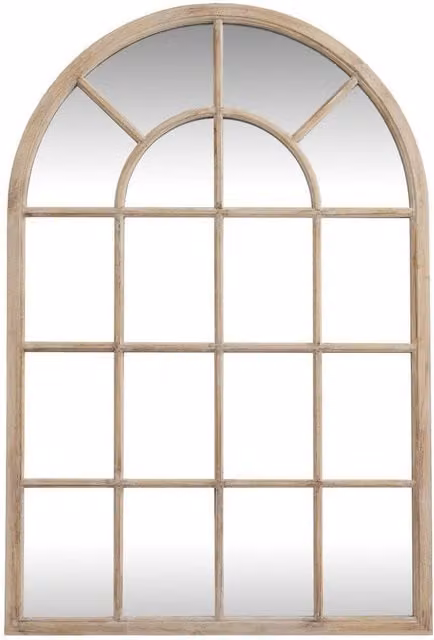 Lemon Pavilion Washed Wood Arched Window Mirror in Brown, W135 x H90 cm