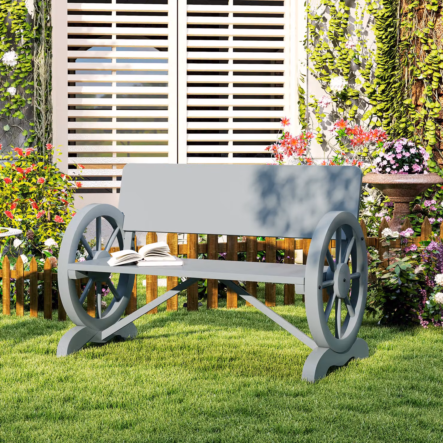 Outsunny Grey Fir Wood 2-Seater Outdoor Garden Wagon Wheel Bench with Armrests – 9