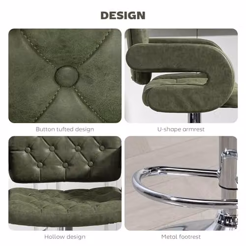 HOMCOM Adjustable Height Swivel Bar Stool with Armrests in Green Synthetic Leather – 5