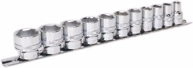 Loops 11 Piece 3/8 Inch Imperial Square Drive Socket Set with 6 Point Lock-On Rounded Heads in Silver and Multicolour Chrome Vanadium Steel
