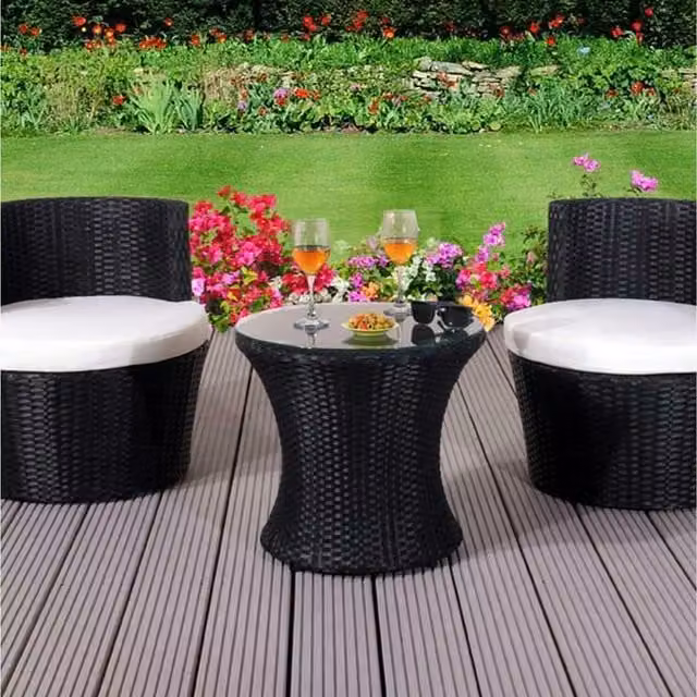 Comfy Living 3 Piece Modern Rattan and Metal Bistro Garden Furniture Set with Glass Top in Black