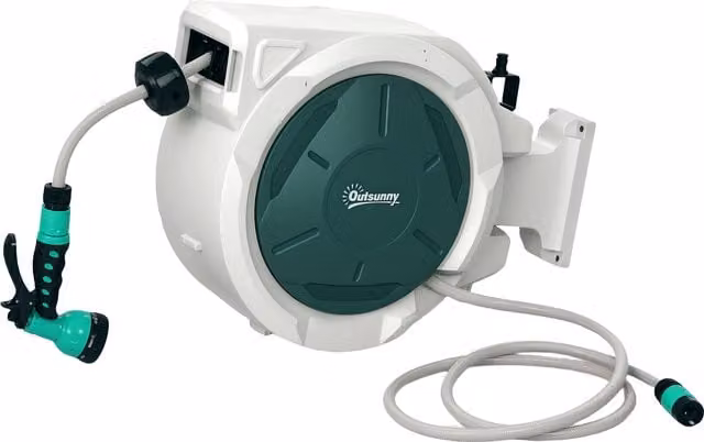Outsunny Retractable Wall Mounted Garden Hose Reel with Auto Rewind and 7-in-1 Spray Nozzle, Green – 1