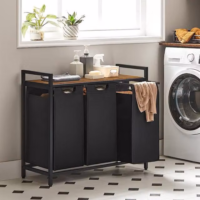 VASAGLE 3 Compartment Laundry Basket with Shelf and Metal Frame, Black – 1