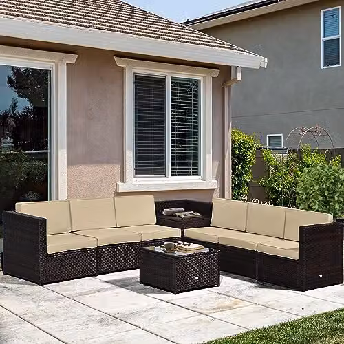 Outsunny 8 Piece L-Shape Rattan Garden Furniture Set with Cushions, Brown – 2
