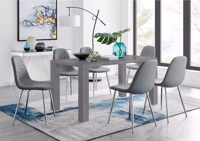 FurnitureboxUK Pivero Grey High Gloss Rectangular Dining Table and 6 Corona Silver Chairs