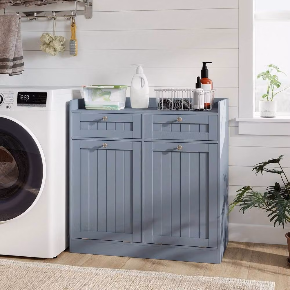 KORVIXA Modern Freestanding Laundry Sorter in Matt Grey with Hinged Doors and Internal Drawers, W/D/H: 100 x 80 x 100 cm – 3