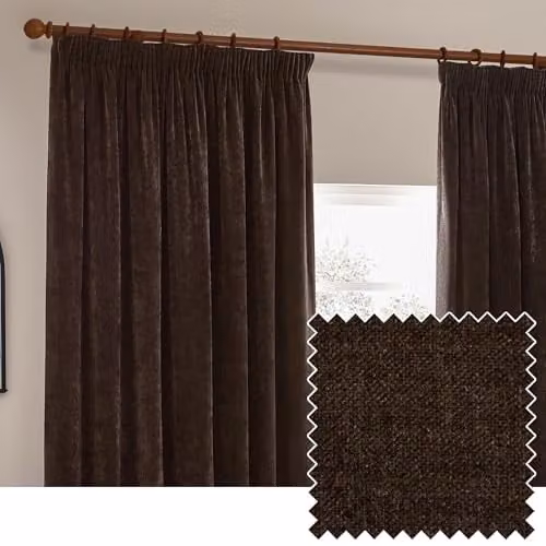Yard Heavy Chenille Velvet Room Darkening Pencil Pleat Curtains, Brown, W: 168 cm, H: 229 cm – 1