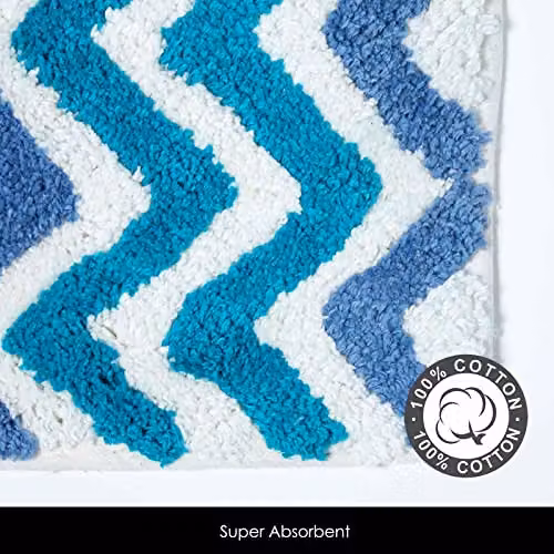 Homescapes Super Absorbent Soft 100% Cotton Chevron Bath Mat in Blue and Petrol with Non-Slip Backing, W: 50 cm, D: 80 cm – 3