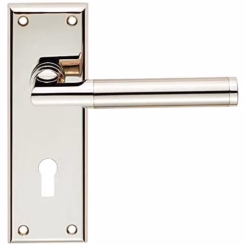 Loops Round Bar Section Handle on Lock Backplate in Polished Silver, W: 15 cm, H: 5 cm