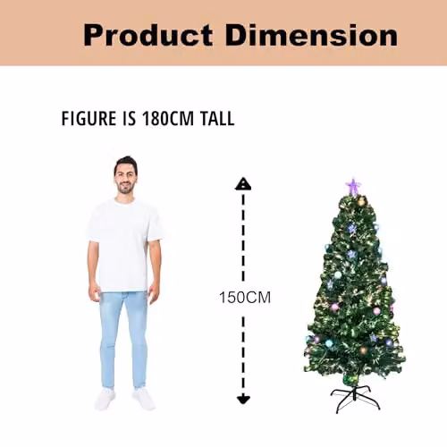 Shatchi 150 cm Green Fibre Optic Pre-Lit Christmas Tree with Multicolour Lights, Baubles and Star Topper – 8