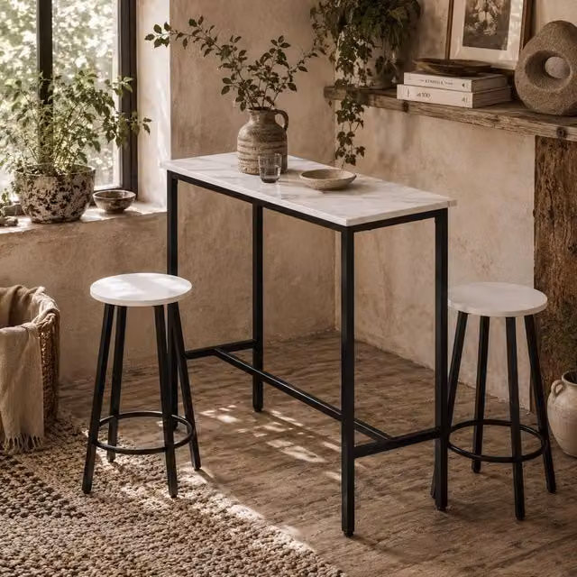 Wyld Haus Telano 3 Piece Marble Effect Bar Table and Stool Set in White and Black