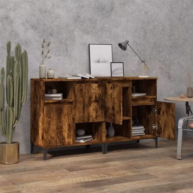 Berkfield Home Set of 2 Smoked Oak Sideboards in Brown, W/D/H: 60 x 35 x 70 cm