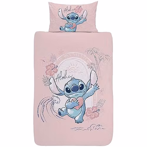 Coco Moon Lilo & Stitch Reversible Single Duvet Cover and Pillowcase Set, Pink, Blue and White – 2