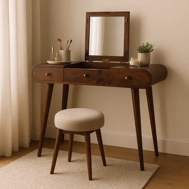 Artisan Furniture Scandinavian Mango Wood Dressing Table with Tri-Fold Mirror in Brown
