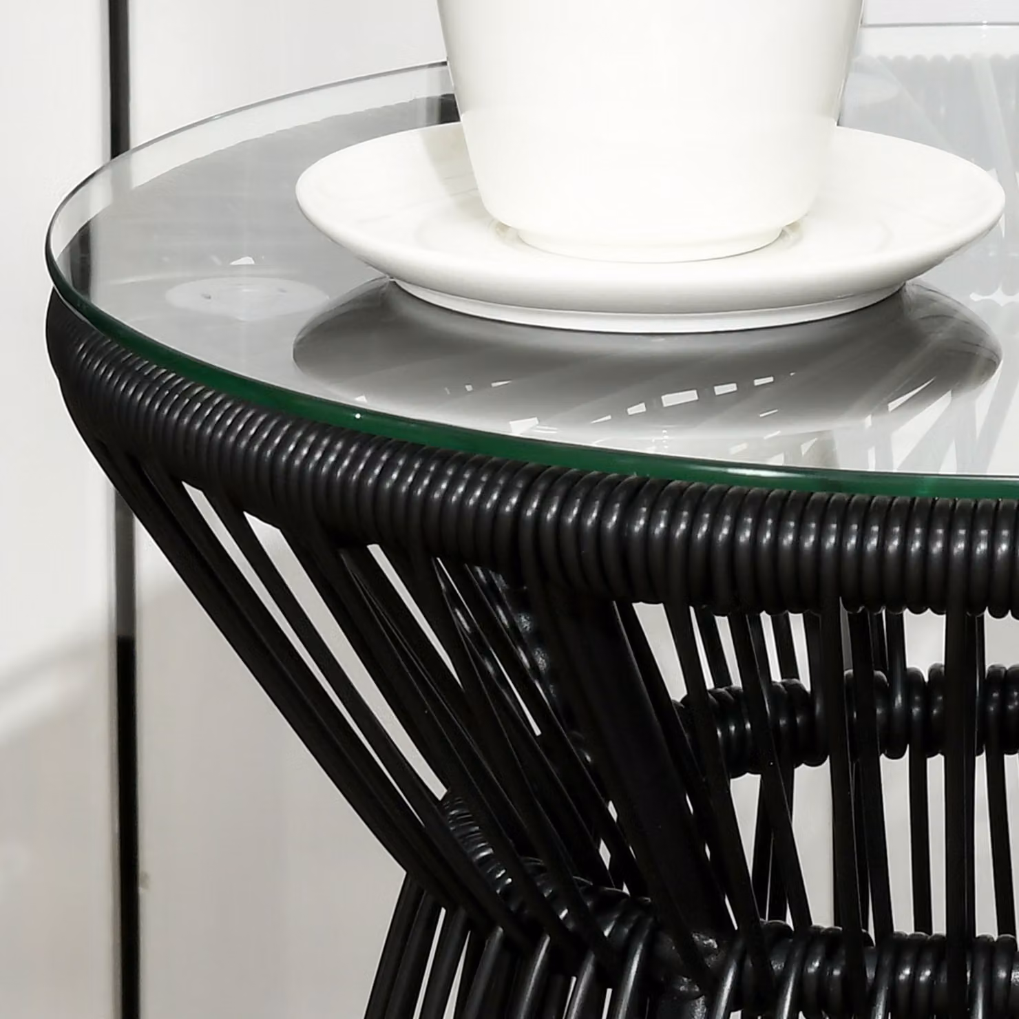 Outsunny Round Rattan Side Table with Glass Toptop in Black – 7