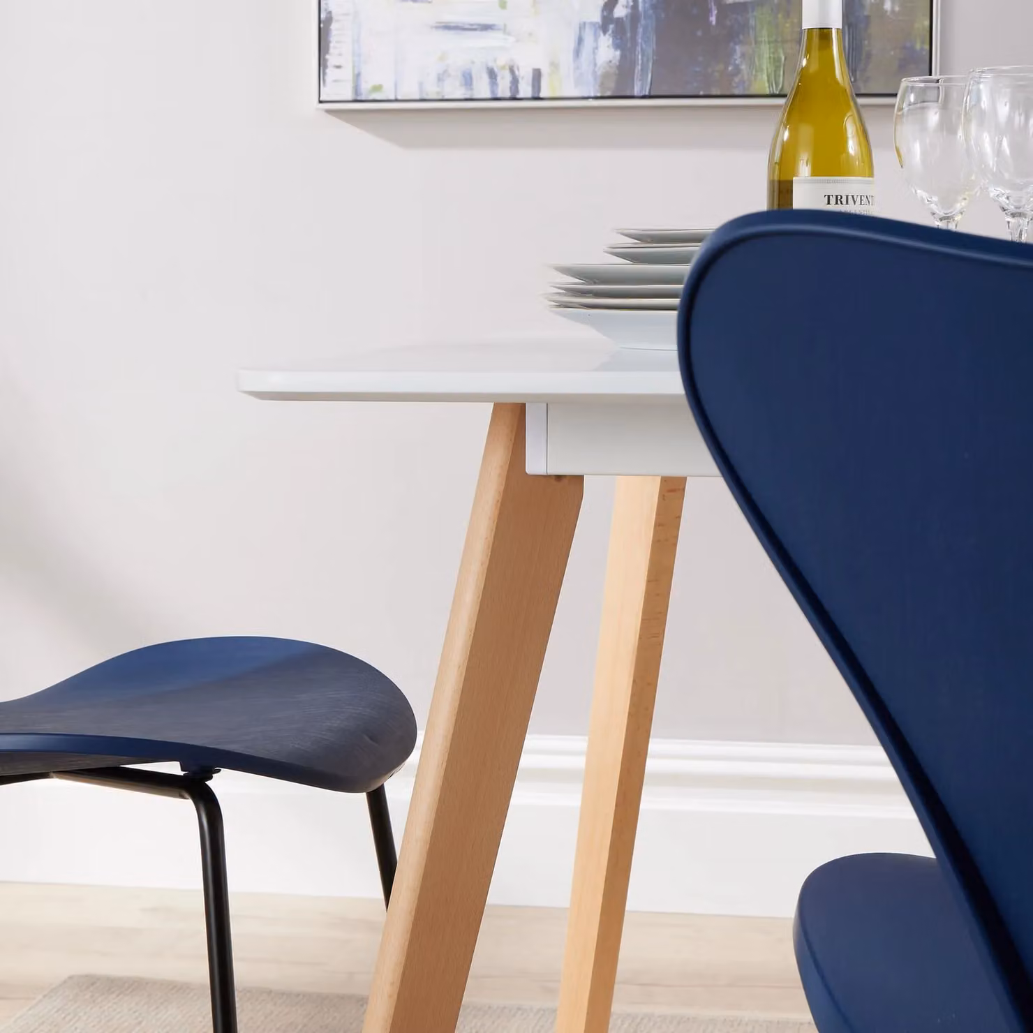 Home Source Fleur Dining Set with Rectangular White Table and 4 Navy Blue Penny Chairs – 5