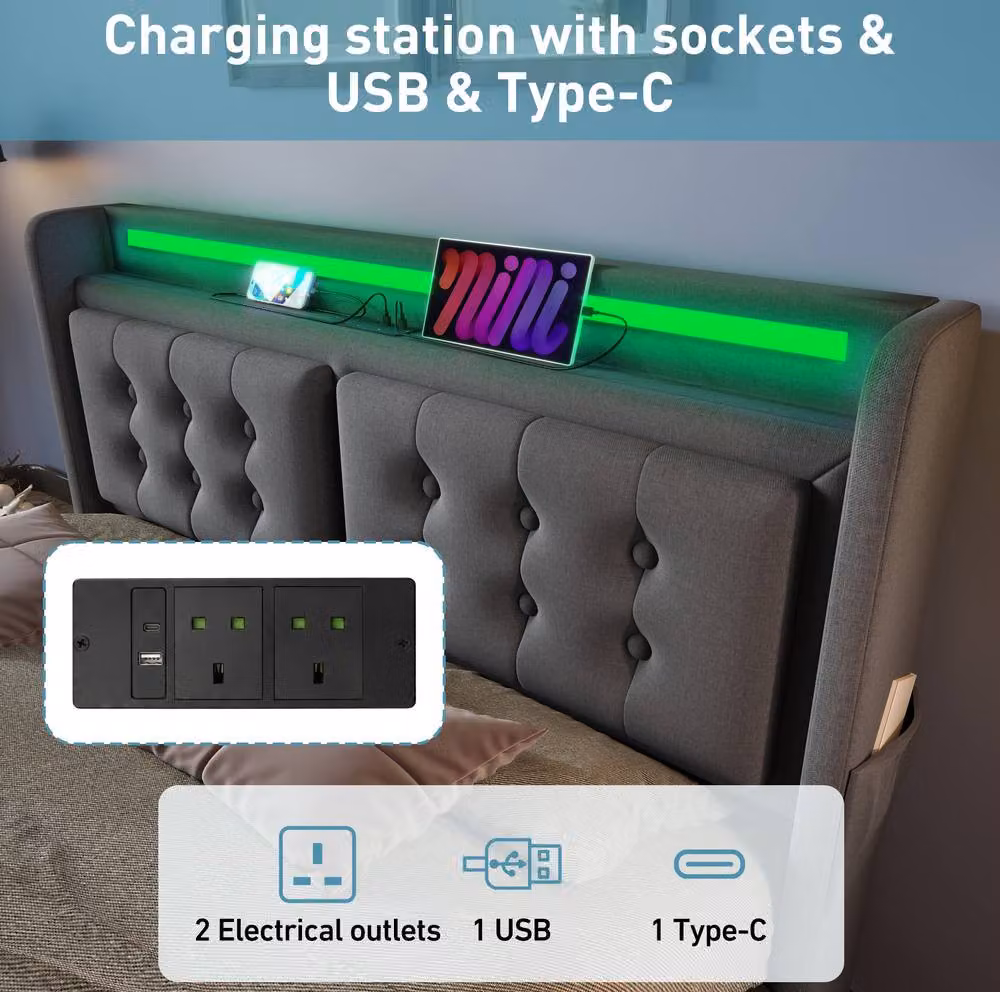 STILVORA King Size Ottoman Bed in Grey Linen with LED Lighting, USB Charging Port and Bedside Shelf – 4