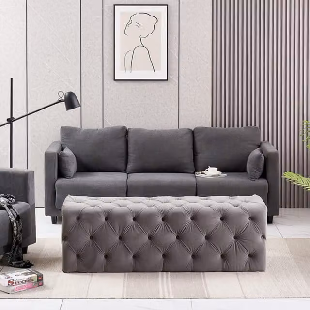 Life Interiors Melia Grey Velvet Chesterfield Ottoman Bench Large Single