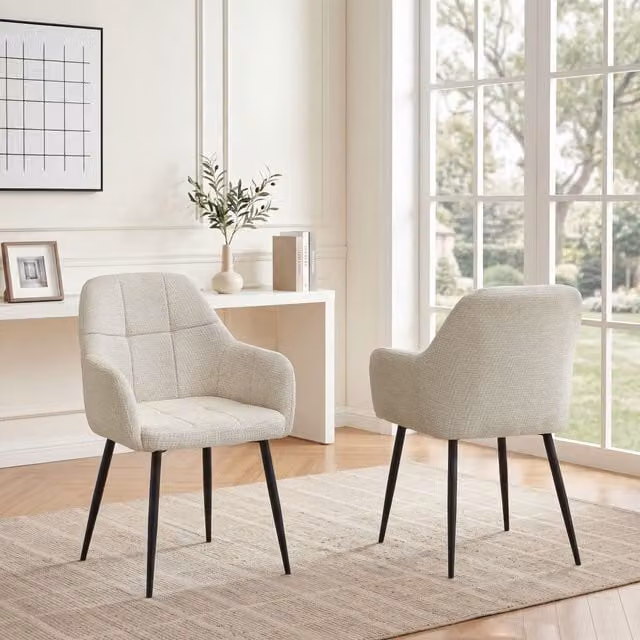 SONARA Modern Set of 2 Dining Chairs with Beige Fabric and Metal Legs
