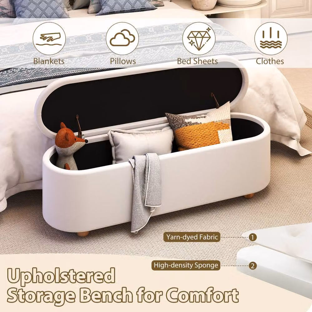 Gymax Oval Storage Bench Ottoman with Flip Top and Rubberwood Legs in White – 5