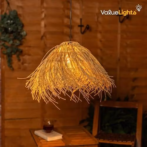 ValueLights Solar Powered Natural Grass Hanging Pendant Light for Garden and Terrace, Green and Wood, Warm White – 2