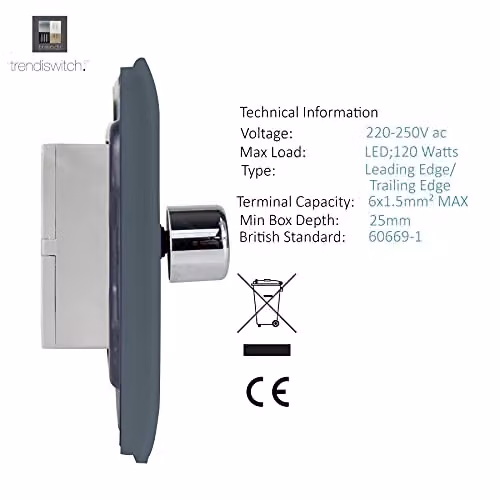 Trendi Switch 4 Gang 1 or 2 Way 150w Rotary LED Dimmer Light Switch in Warm Grey – 3