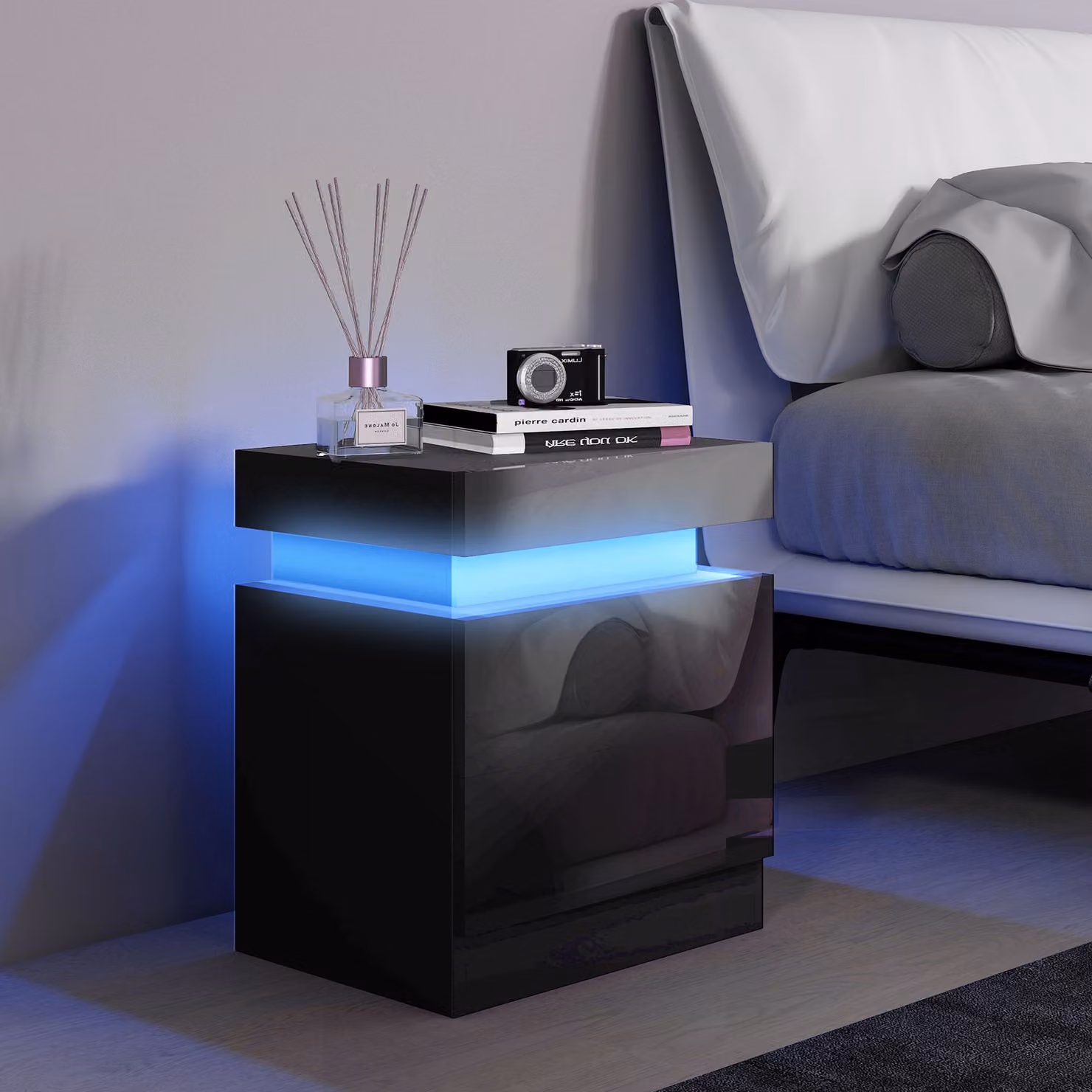 HOMCOM Black High Gloss Bedside Table with Integrated LED Light and 2 Drawers – 2