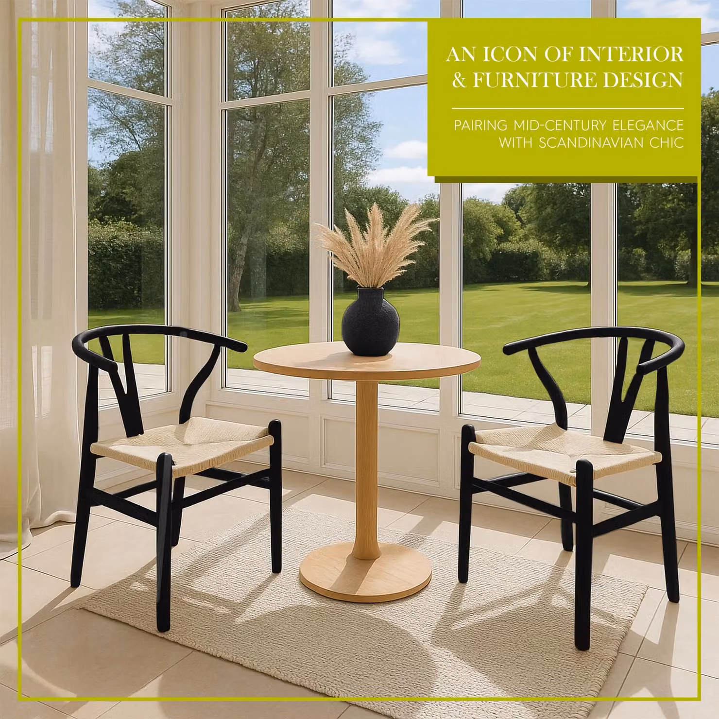 Nicholas Winter Black Beech Wood Scandi Danish Style Dining Chair with Woven Rope Seat and Armrests – 2
