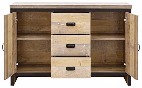 GFW Boston Oak Wooden 2 Door 3 Drawer Sideboard in Grey and Brown, W/D/H: 113 x 39 x 74.6 cm – 2