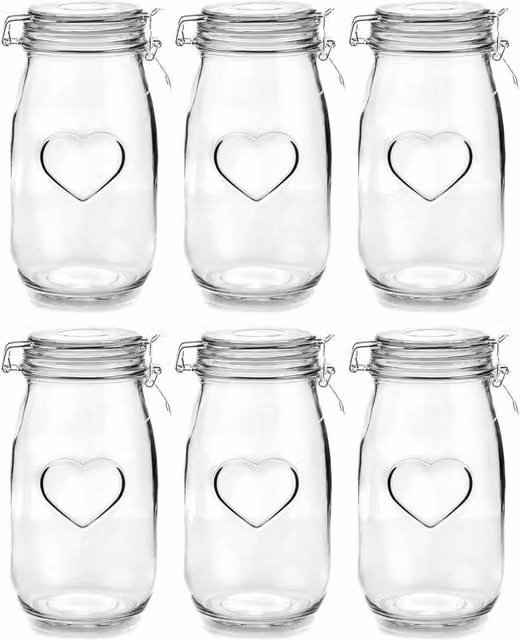Nicola Spring Heart Glass Airtight Storage Jars, 1.5 l, Clear, Pack of 6