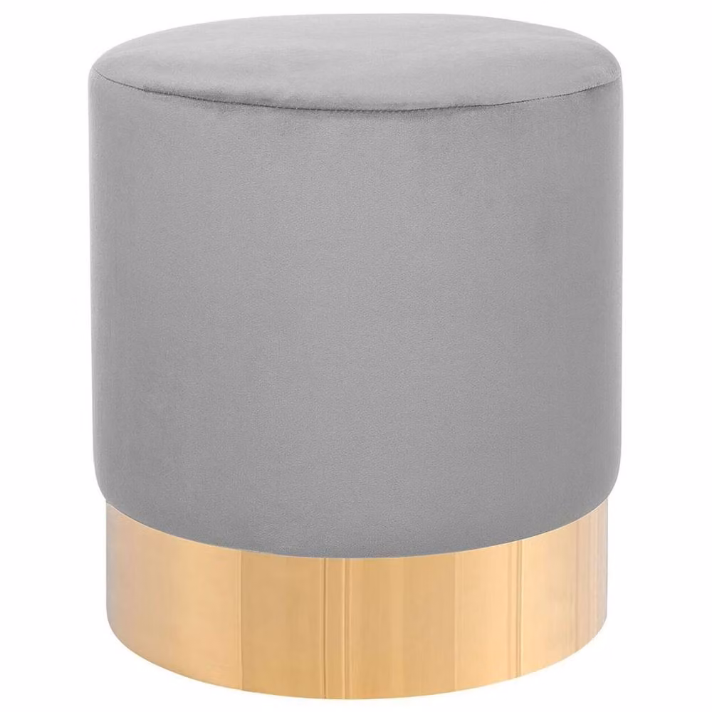 Wyld and Coco Grey Velvet Round Footstool with Gold Metal Base – 2