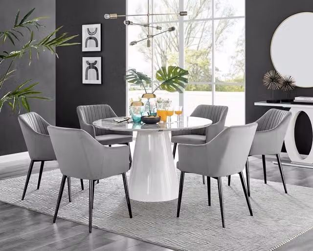 Furniturebox Palma Round White Marble Effect Dining Table and 6 Calla Black Leg Chairs in Grey