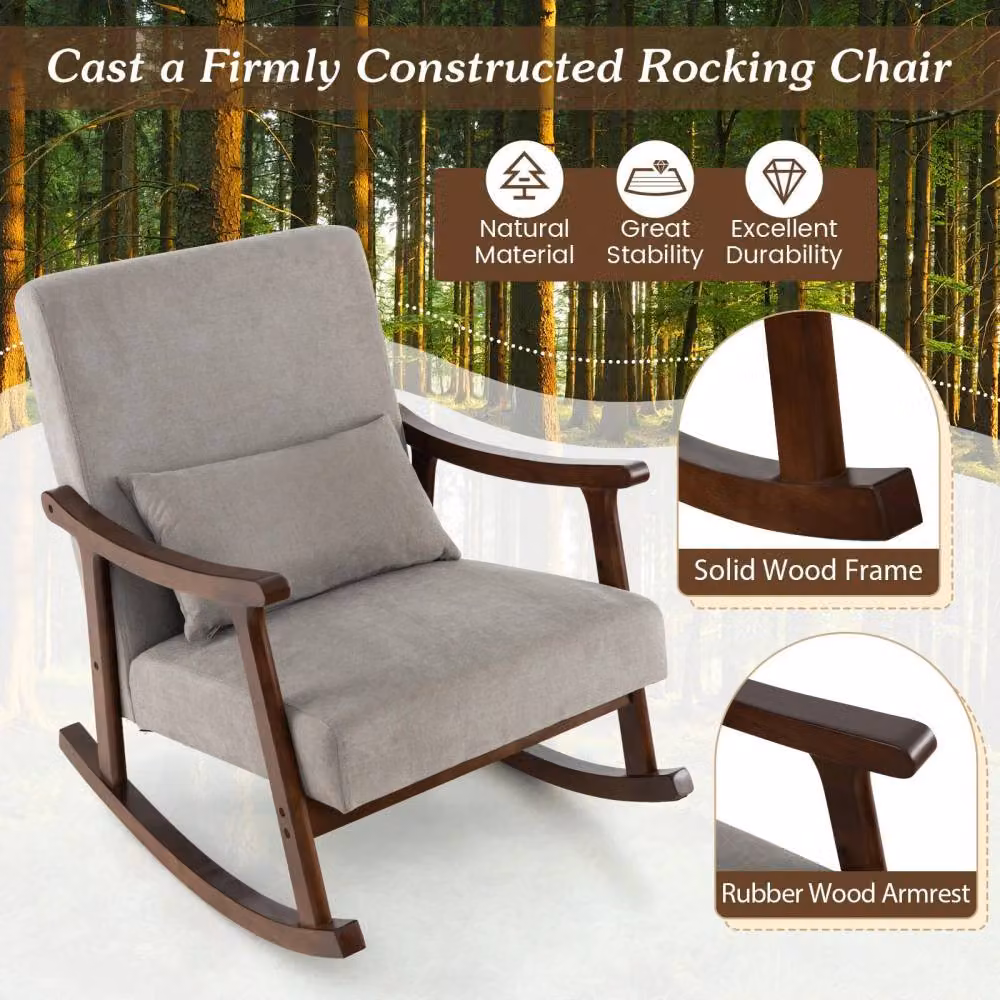Costway Grey Upholstered Wooden Rocking Accent Chair with Rubberwood Armrests – 5