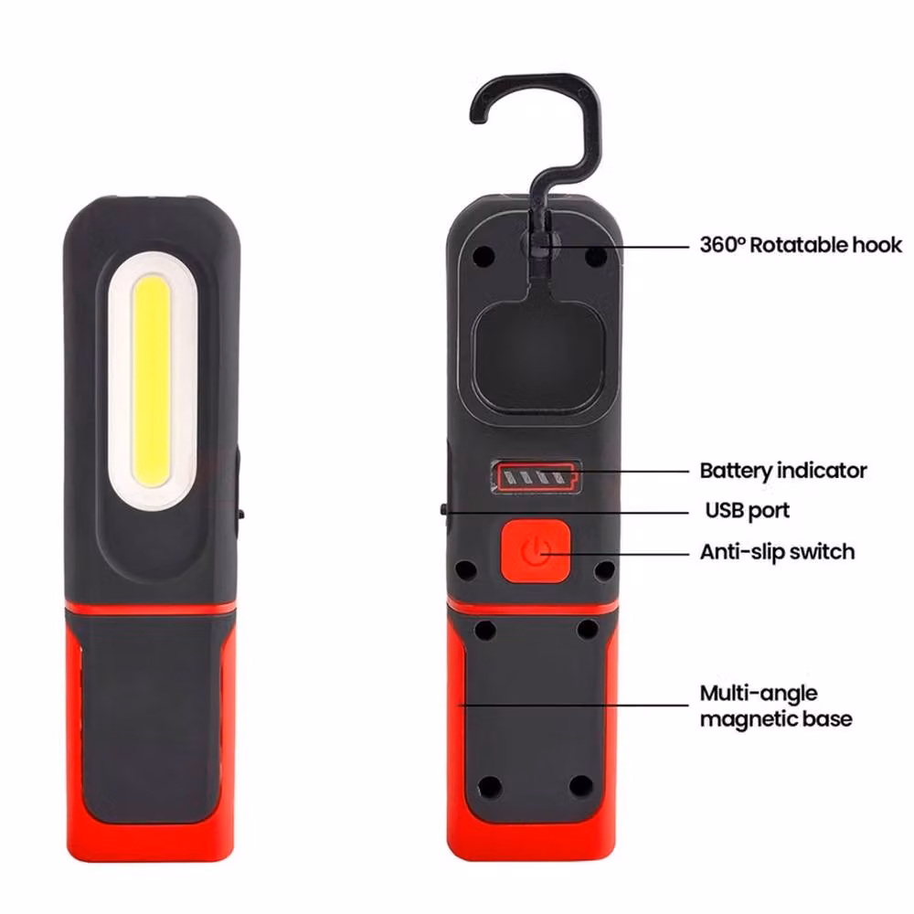 Hinsinc 2-Piece Rechargeable COB LED Work Light Set in Black and Red with Magnetic and Adjustable Features – 3