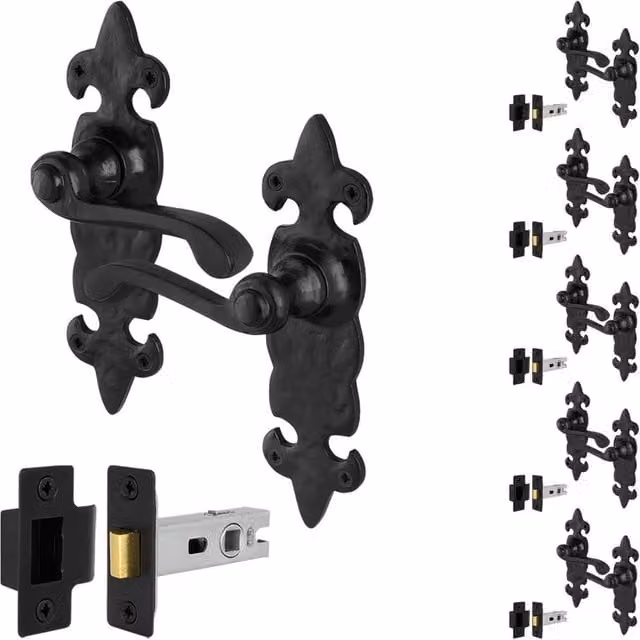 AFIT Black Antique Cast Iron Door Handles with 64mm Latch Backplate, 6 Pairs, W/D/H: 15.0 x 15.0 x 1.95 cm – 1
