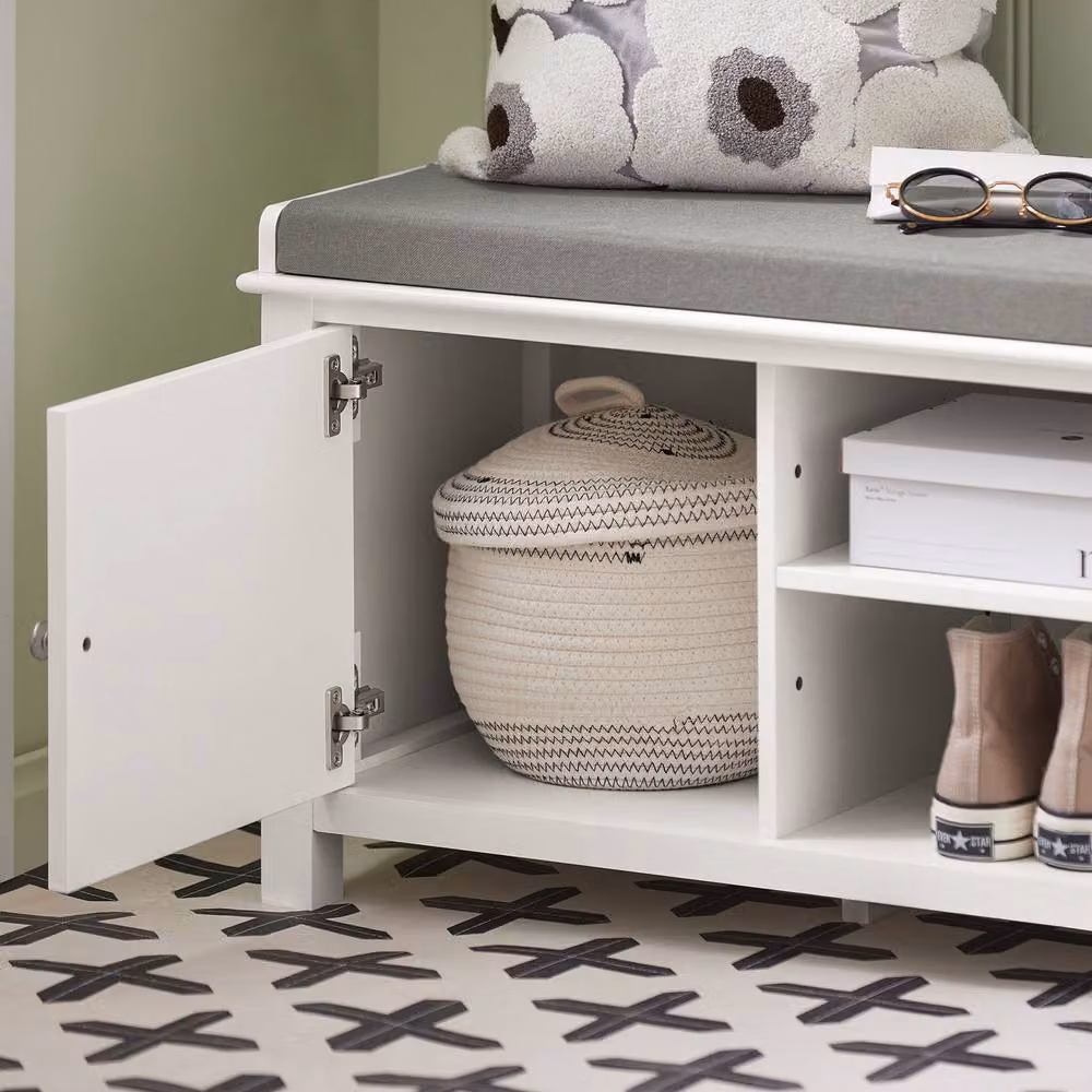 SoBuy Modern Shoe Rack and Entrance Bench in White with Silver and Grey Fabric Details – 3