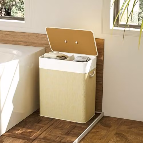 HOMCOM 100L 2-Section Laundry Basket with Lid and Handles in White – 3