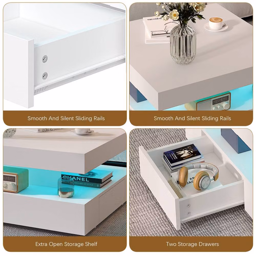 KEEPREAPER Modern LED Coffee Table with 2 Storage Drawers in White – 6