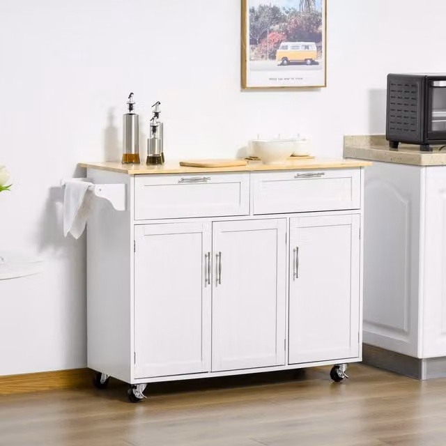 HOMCOM Modern Kitchen Island Utility Cart with 2 Storage Drawers and Cabinets in White