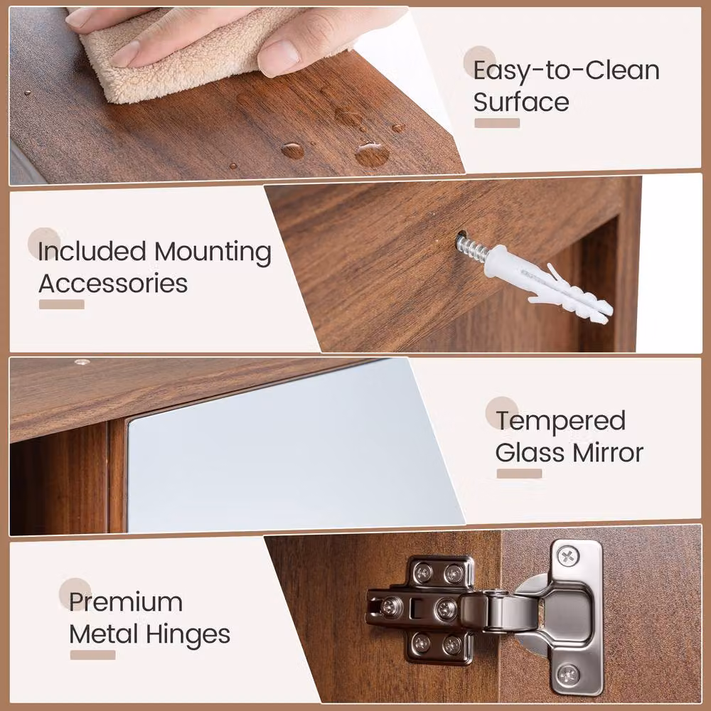Gymax Brown Wall Mounted Medicine Cabinet with Mirror and Internal Shelves – 6