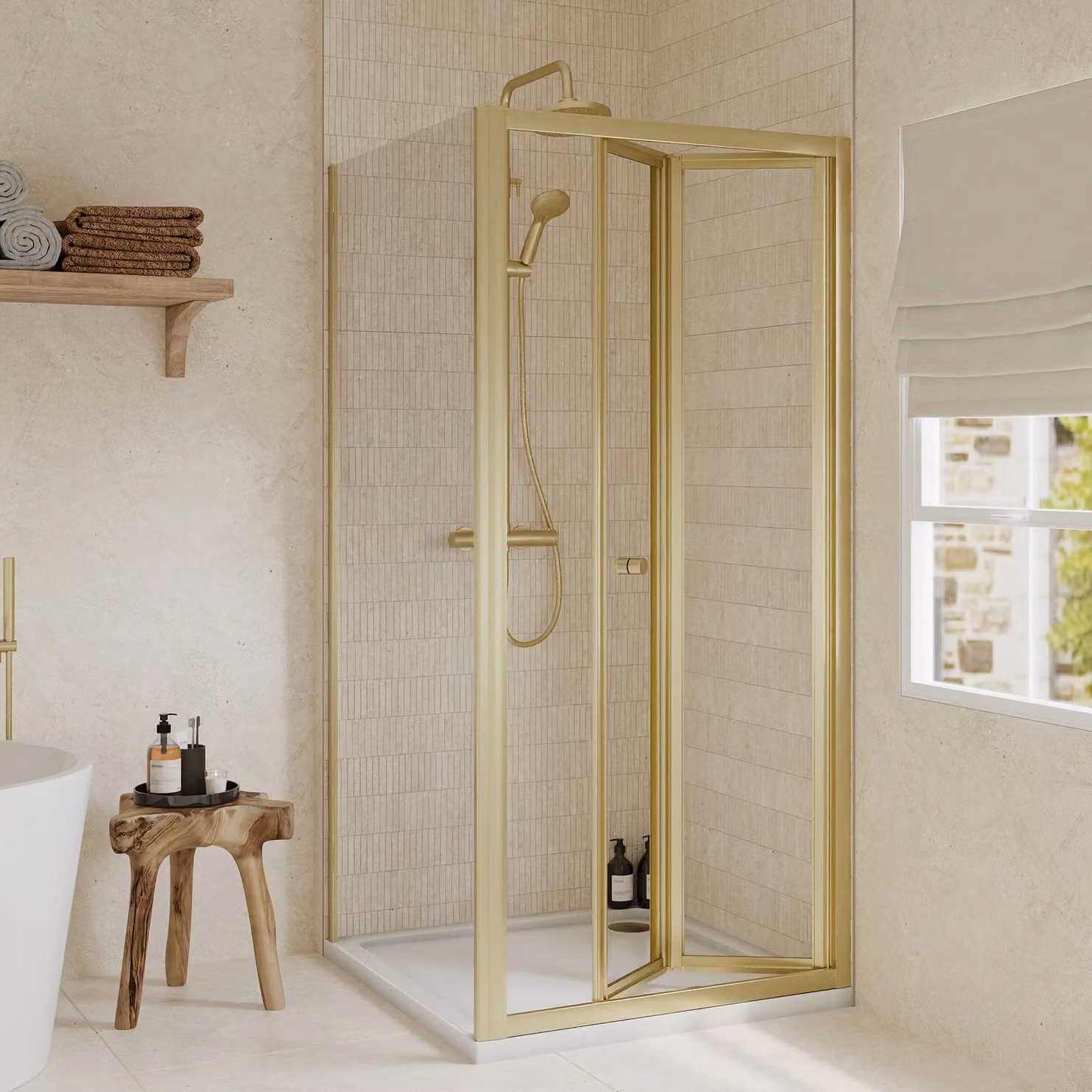 Balterley Ruwa Square Bi-Fold Shower Door, Side Panel and Tray Set with 4mm Glass in Gold – 2