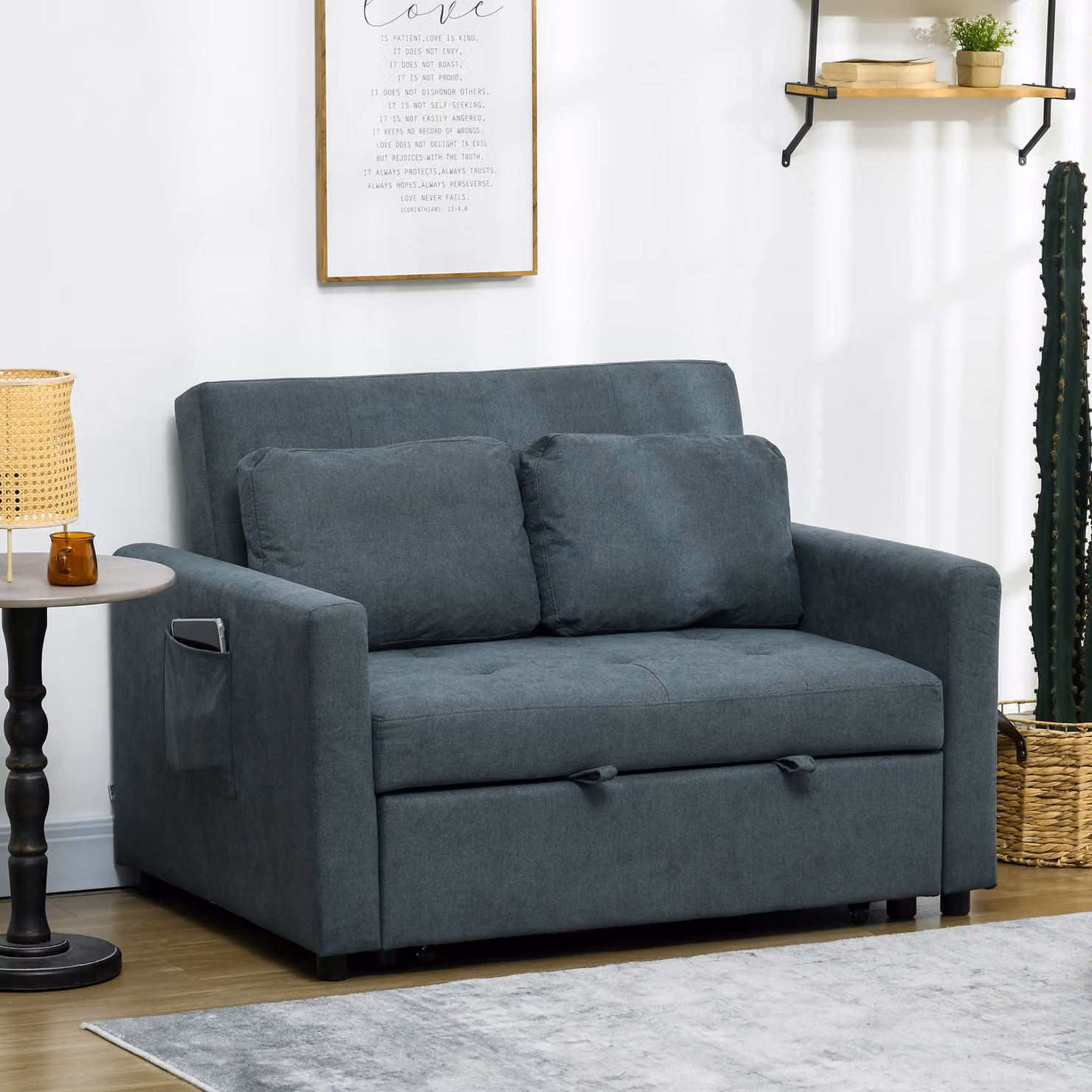 HOMCOM Convertible Loveseat Sofa Bed in Grey with Fabric Upholstery and Scatter Cushions – 2
