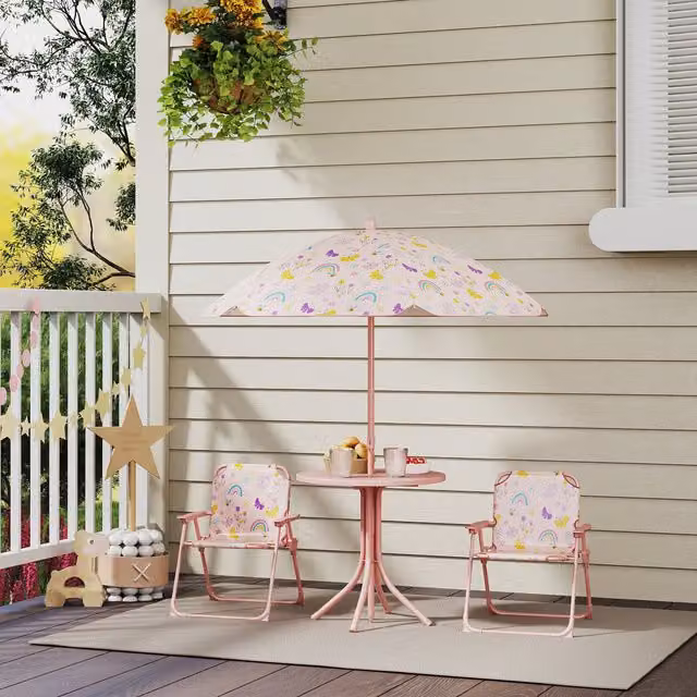 AIYAPLAY Kids Picnic Table with Folding Chairs and Parasol, Pink