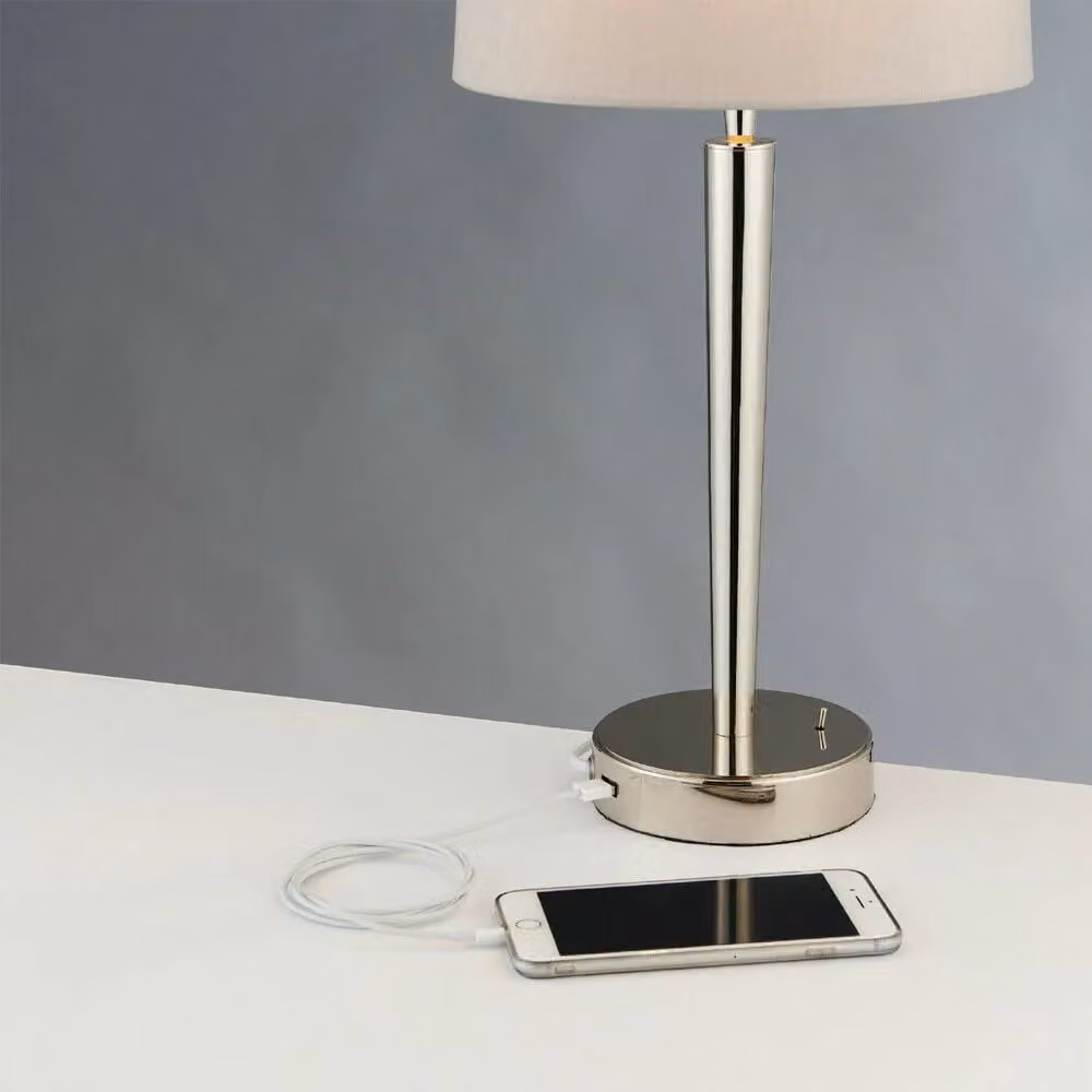 Loops 2 Pack Modern Metal Table Lamps with USB Charger and Mink Fabric Shades in Silver – 2
