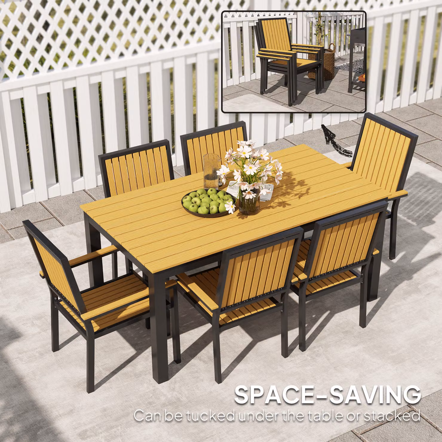 Outsunny 6 Seater Garden Dining Set with Rectangular Composite Table and Stackable Powder Coated Aluminium Chairs in Brown – 4