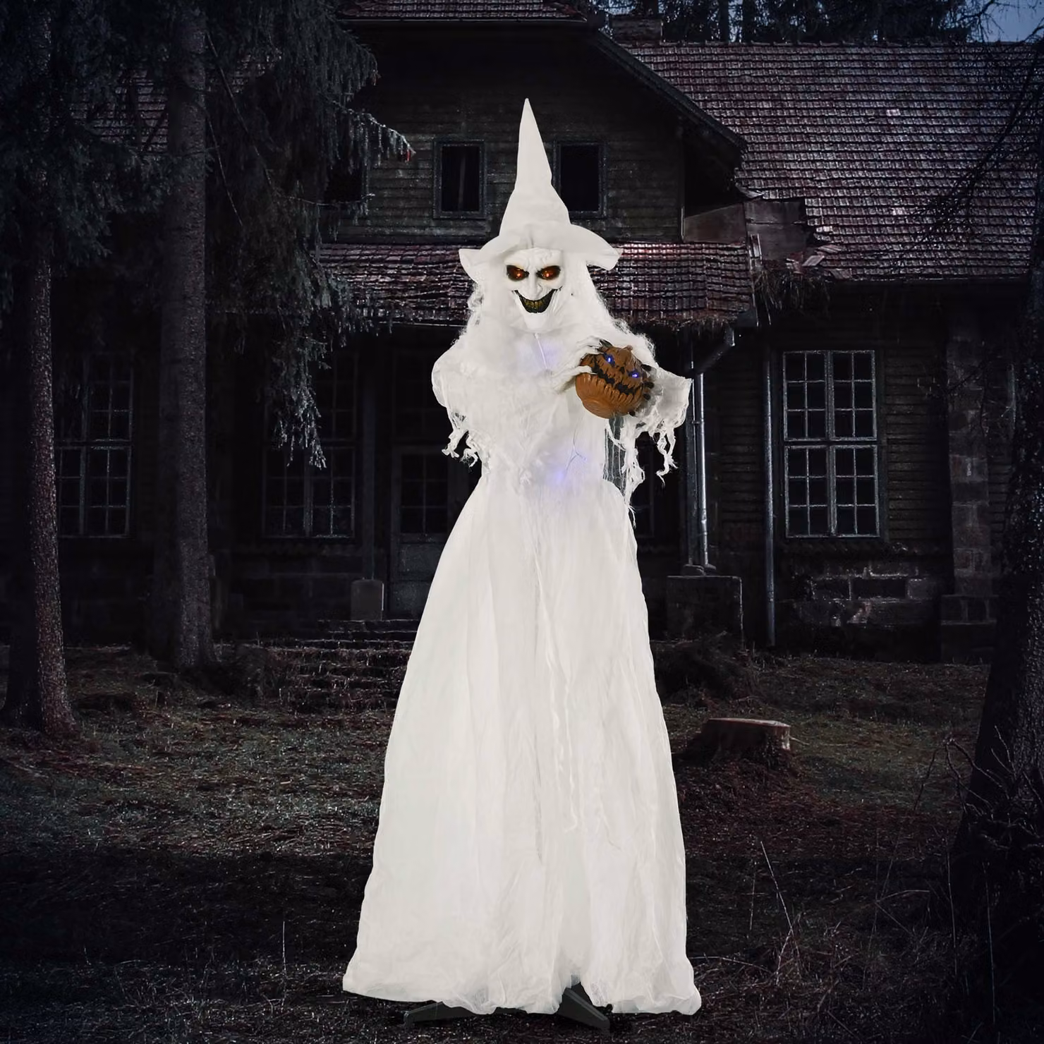 Outsunny White Witch Halloween Decoration, Life Size Standing Skeleton Ghost Prop with Motion Activated Light Up Eyes, Height: 182.88 cm – 2