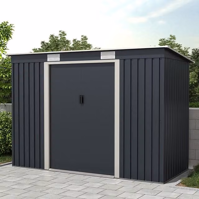 Charles Bentley Blue Galvanised Steel Pent Shed with Sliding Doors and Side Vent