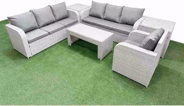 Fimous 7-Seater Poly Rattan Outdoor Sofa Set in Light Grey with Upholstered Cushions and Coffee Table