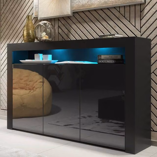 Mex Furniture LTD Aether Modern Sideboard in Black with Glossy Doors and Integrated LED Lighting, W: 155 cm, H: 92 cm, D: 40 cm