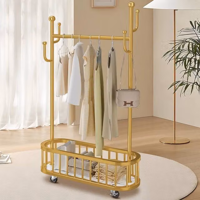 KORVIXA Gold Metal Clothes Rail with Dual Hook and Rail Matrix, Height: 170 cm, Width: 50 cm – 1